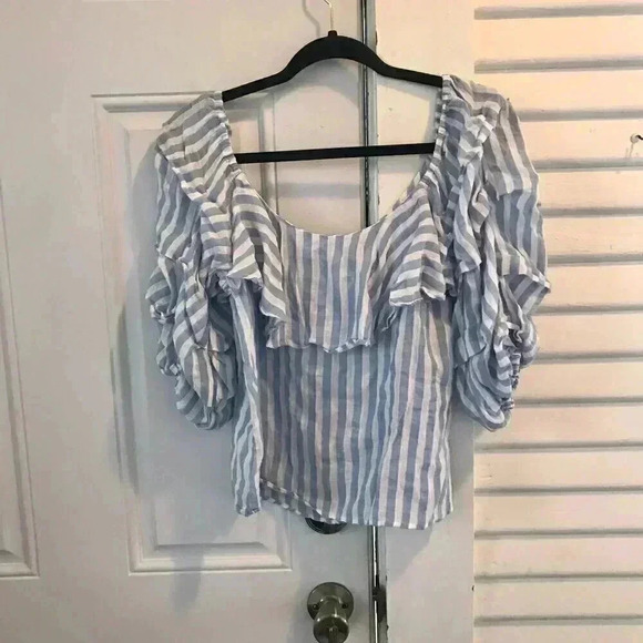 Zara Blue White Stripe Puff Sleeve Off Shoulder Blouse Small G48 - Picture 5 of 5